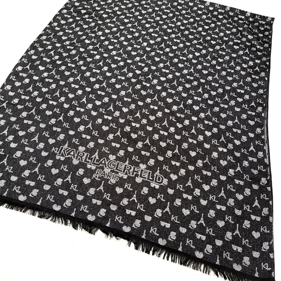 New Karl Lagerfeld Paris Scarf Logo Eiffel Tower 70"x 28" Black Metallic Silver - Picture 3 of 6